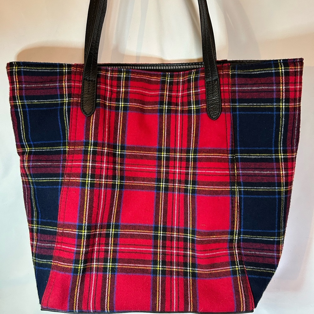 Large Zippered Plaid Shoulder Bag with Black Leather Handles